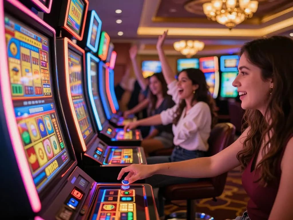 Rasakan kegembiraan di dewi123 dengan pemain yang terlibat di mesin slot berwarna-warni.