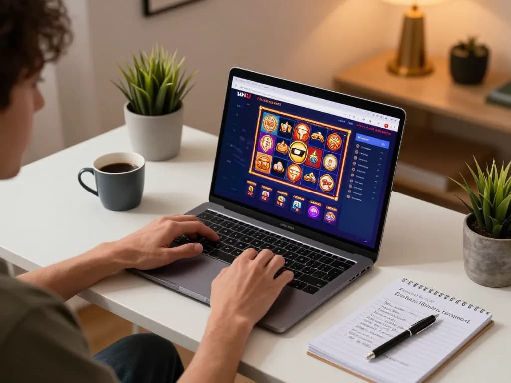 Engaging player exploring W4U casino games on a laptop at home with warm lighting