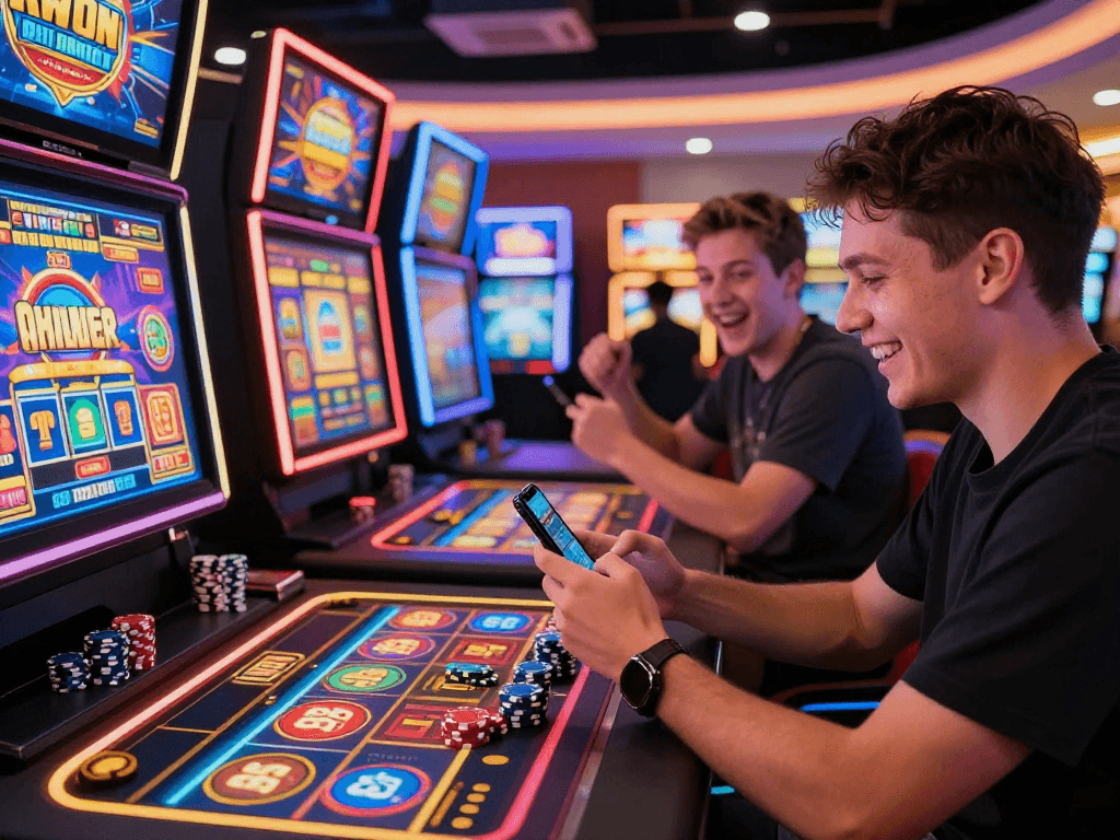 Exciting moment at a vibrant slot88 online casino, capturing a player immersed in gameplay.