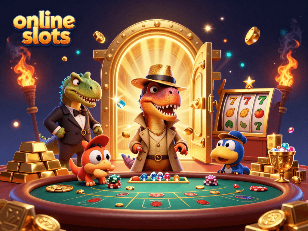 Engage in exciting online slots with a vibrant 3D casino scene featuring cartoon dinosaurs.