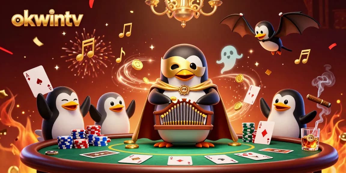 Engage in thrilling gameplay with okwintv while a cartoon penguin plays an organ releasing coins.