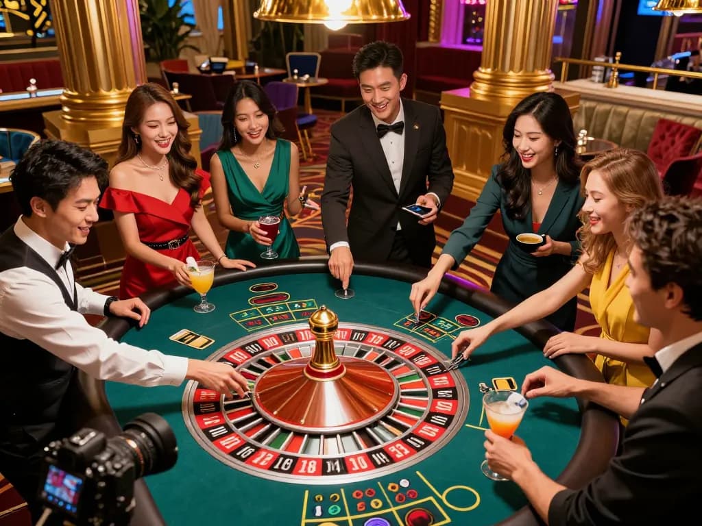 Excited players at a roulette table enjoying their time at 98win casino.