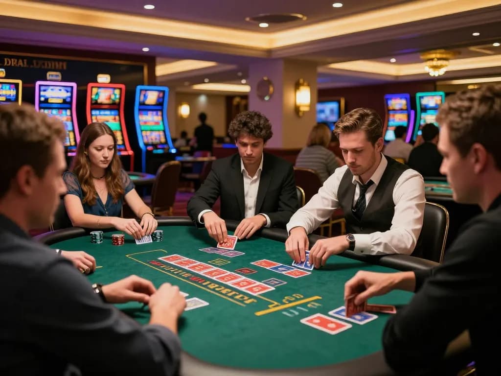 Players at a tic 88 blackjack table making strategic decisions during an intense game.