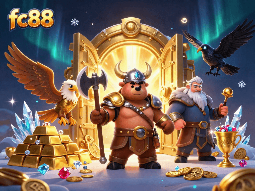 Hình ảnh đại diện cho fc88 với chú gấu Viking cầm rìu chiến và đại bàng Valkyrie giữa cảnh sắc lấp lánh.