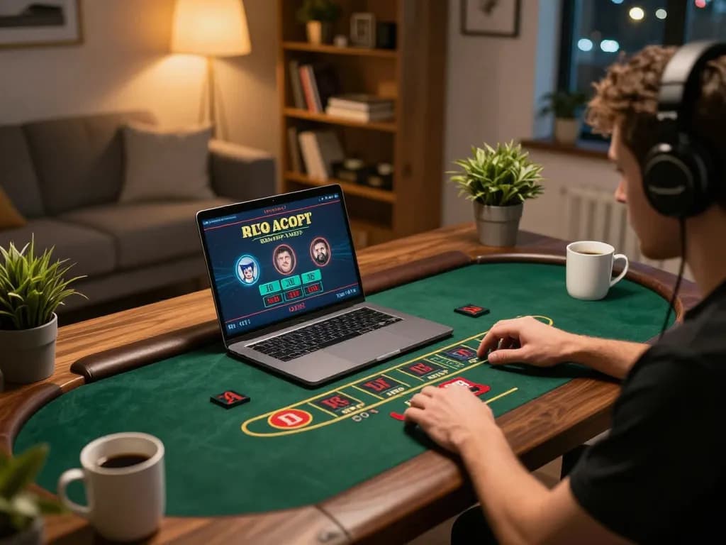 Player enjoying an exciting online baccarat game on 33win from a cozy home office