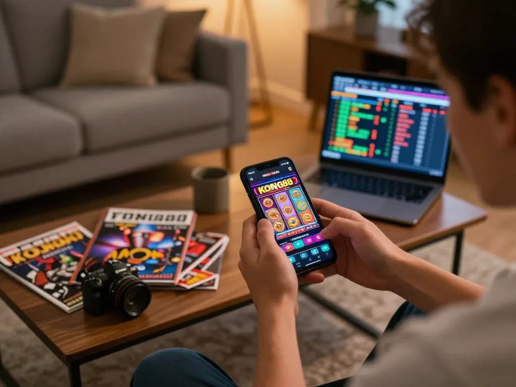 KONG88 player enjoying an engaging online casino experience with a smartphone in a cozy setting