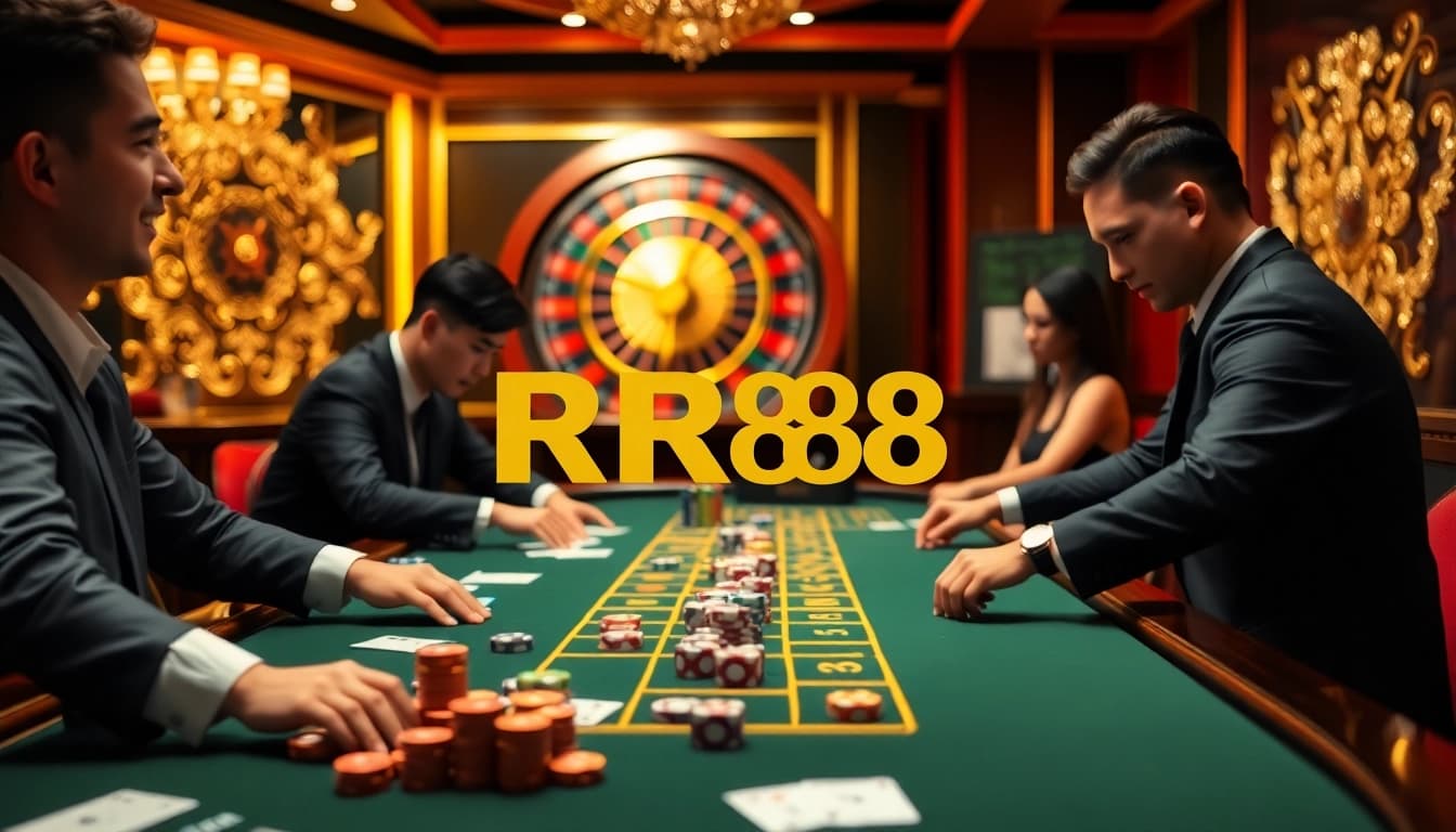 Players enjoying a thrilling game at RR88 casino table with colorful chips and roulette wheel.