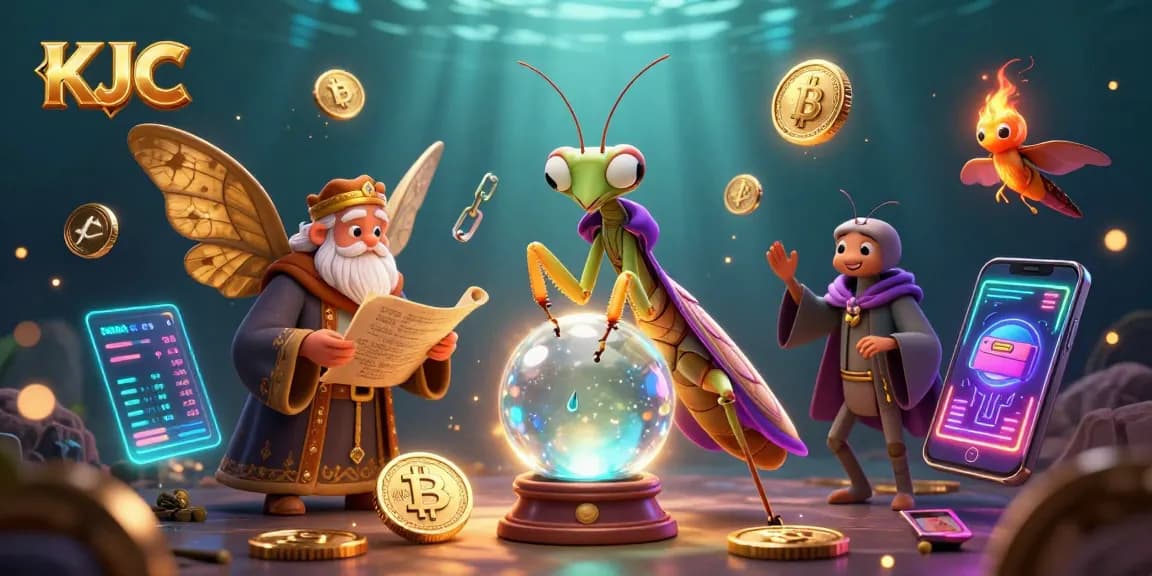 KJC players engaging with a mystical fortune teller and golden artifacts in a vibrant casino scene