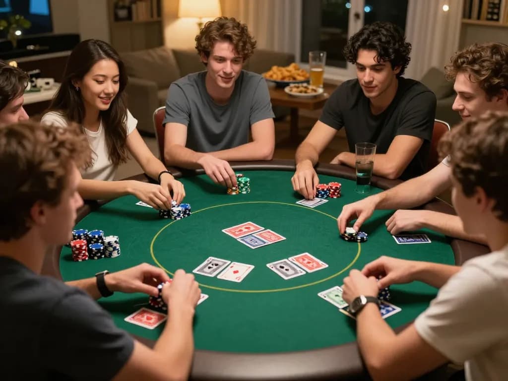 Socolive poker night with friends actively playing, colorful chips and cards on a round table