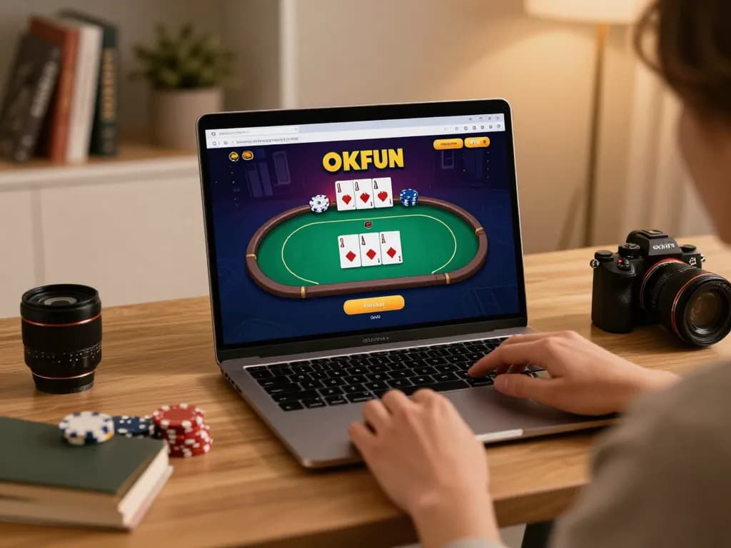 Playing poker on OKFUN’s online casino platform from a stylish home office setup