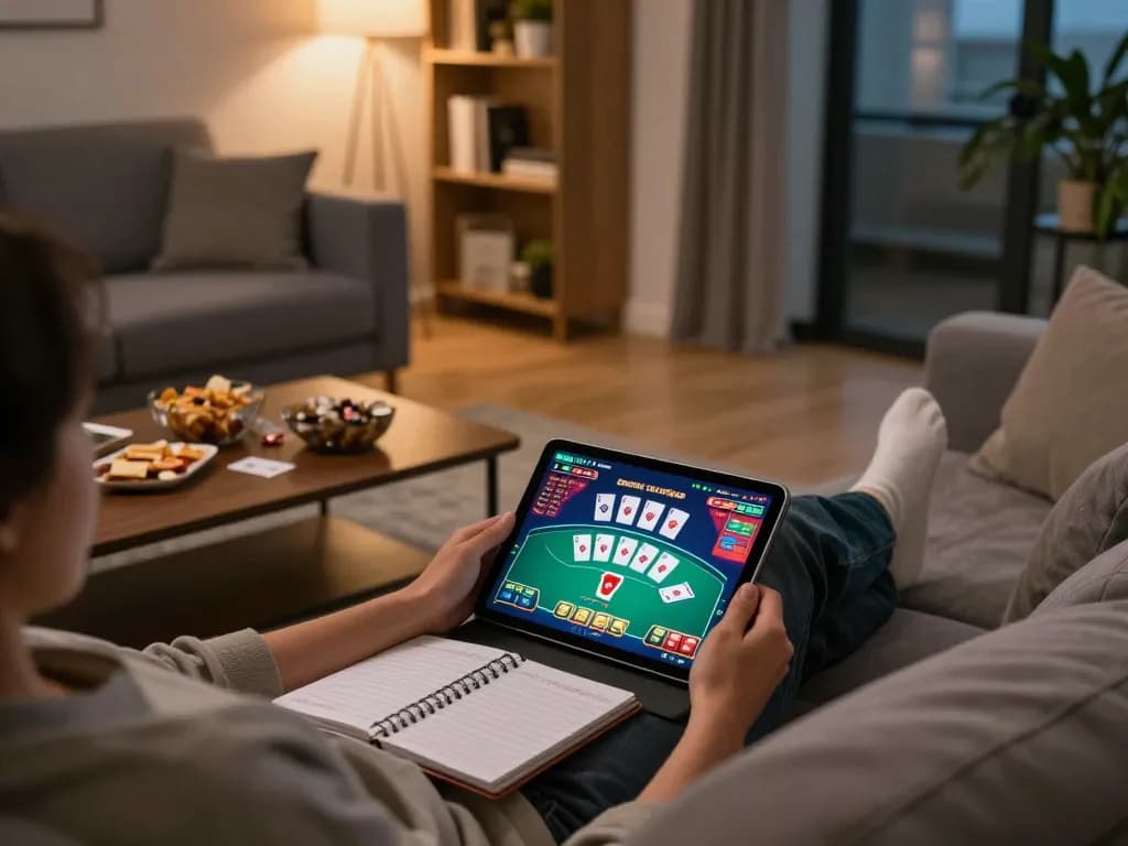 Engaging in online casino games on a tablet while preparing gaming strategies at home. Visit website for details.