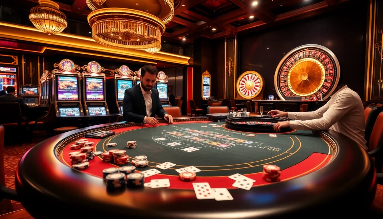 Experience thrilling gameplay at BL555 support's vibrant casino atmosphere featuring blackjack and slot machines.