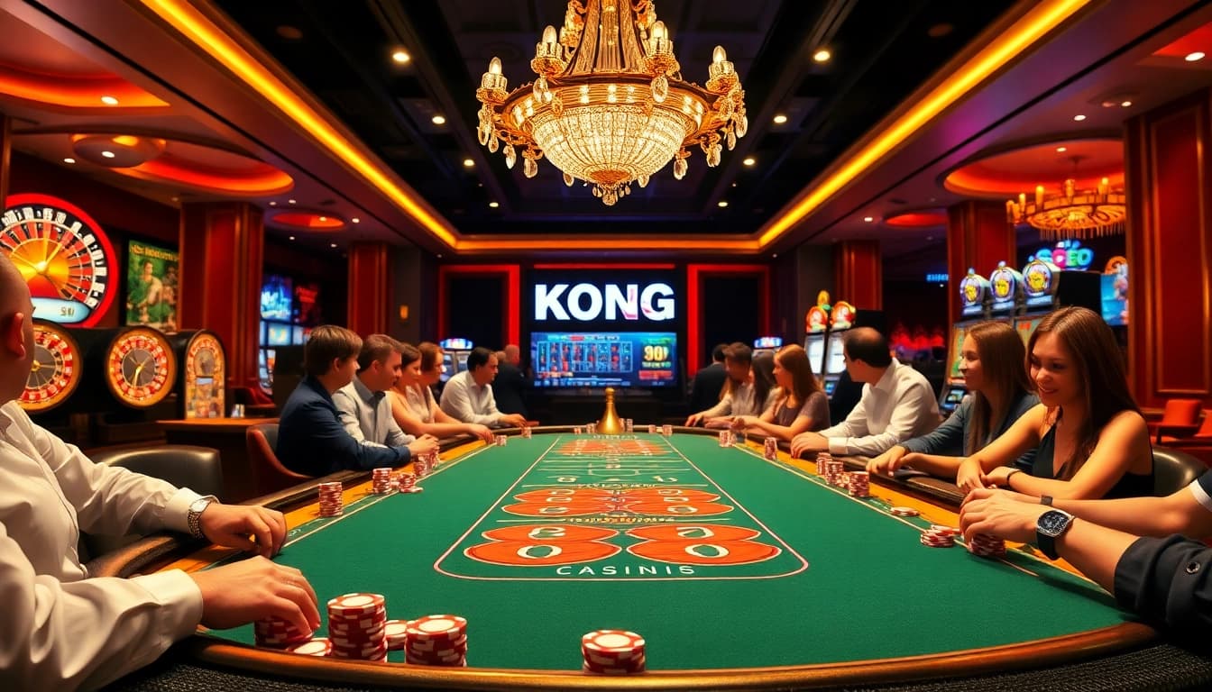 KONG 88 gaming table surrounded by enthusiastic players, highlighting the excitement of the casino.