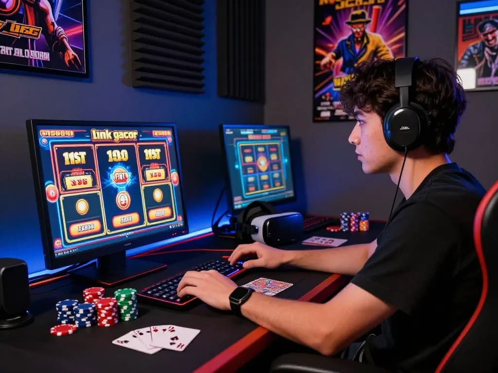 Player enjoying link gacor slot game on laptop in vibrant gaming setup