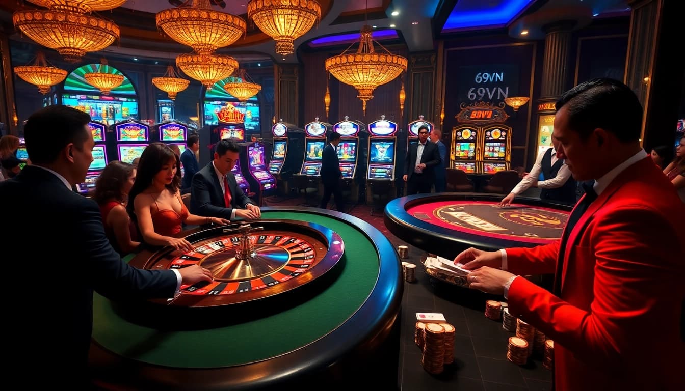 Experience the thrill of winning at 69VN with lively casino tables and vibrant slot machines.