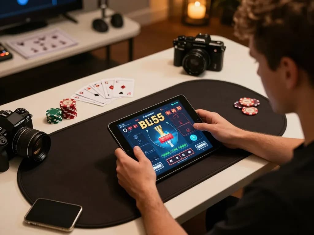 Player engaging with the BL555 online casino interface on a stylish gaming setup, showcasing strategic gameplay in a cozy atmosphere