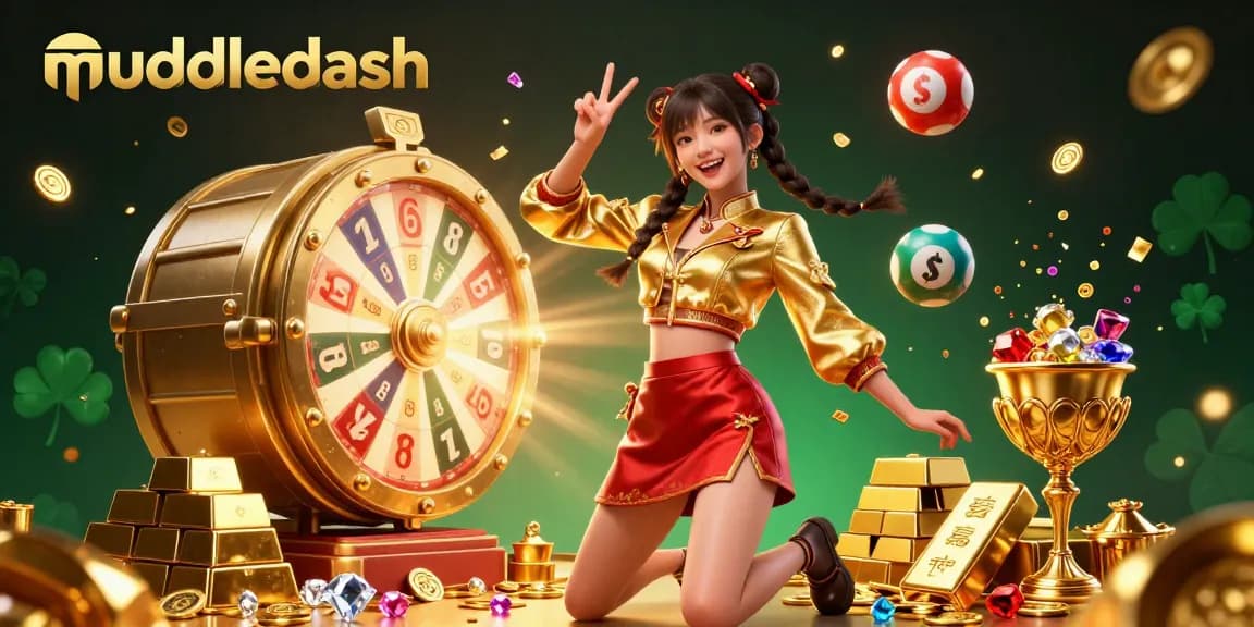 Muddledash casino illustration showcases a joyful Asian woman amidst vibrant gambling elements, promoting interactive fun.