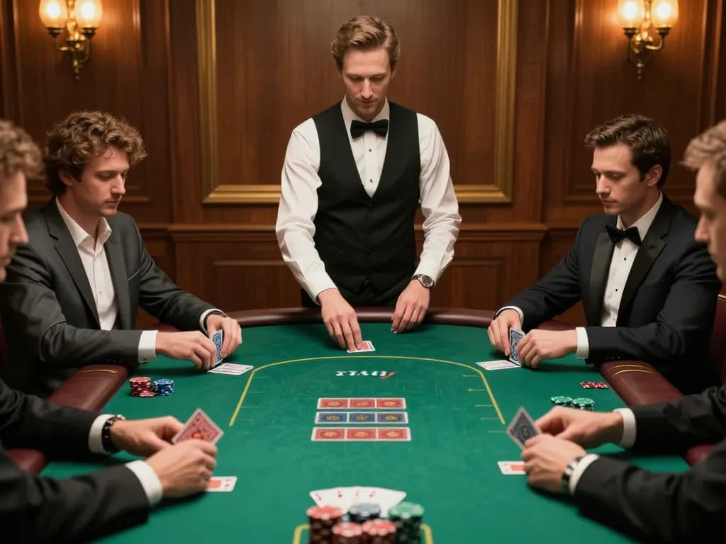 B52Club players engaged in an intense poker game at a luxurious casino table.