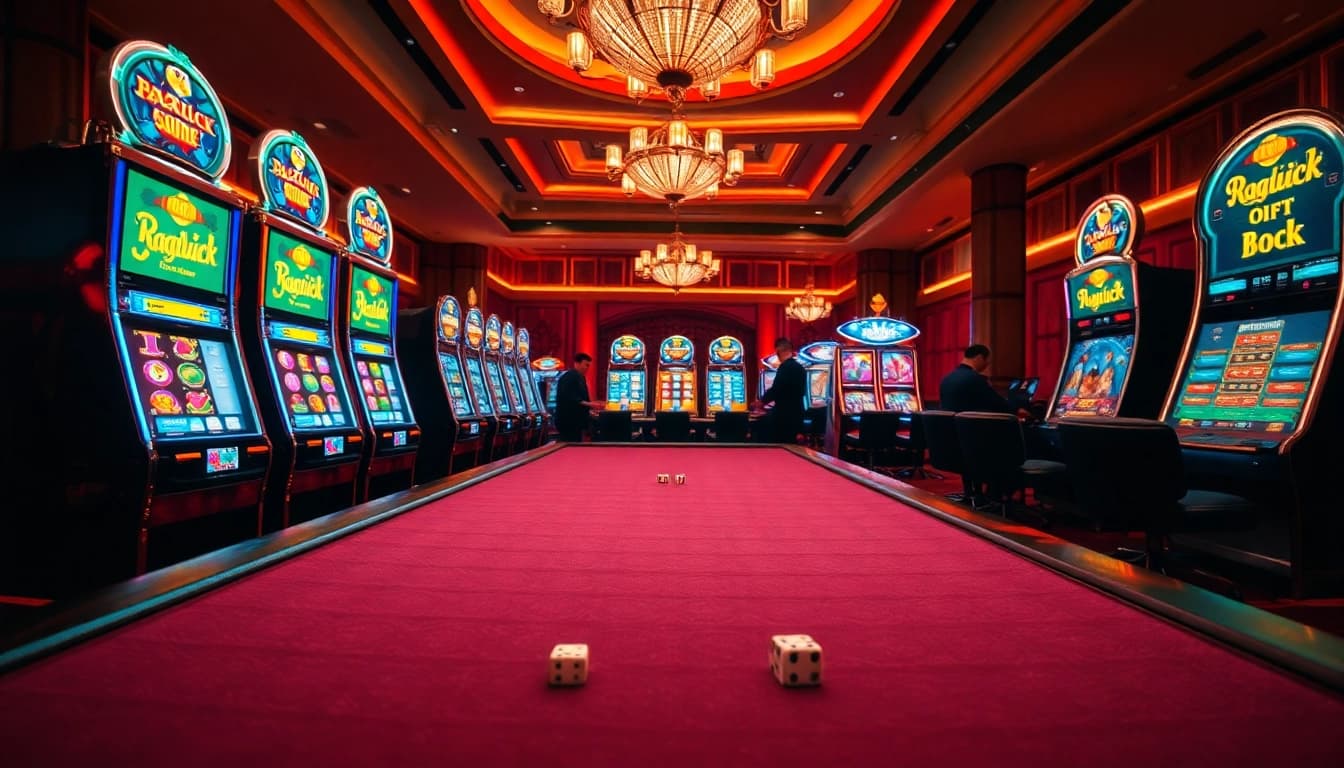 Rajaluck casino scene showcasing luxury gaming tables and vibrant slot machines.