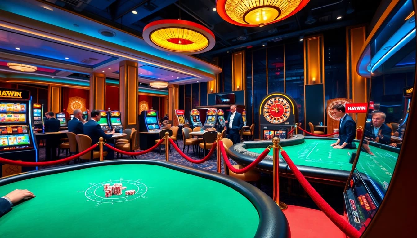 Experience the thrill of winning at HAY.WIN with poker tables and vibrant slot machines.