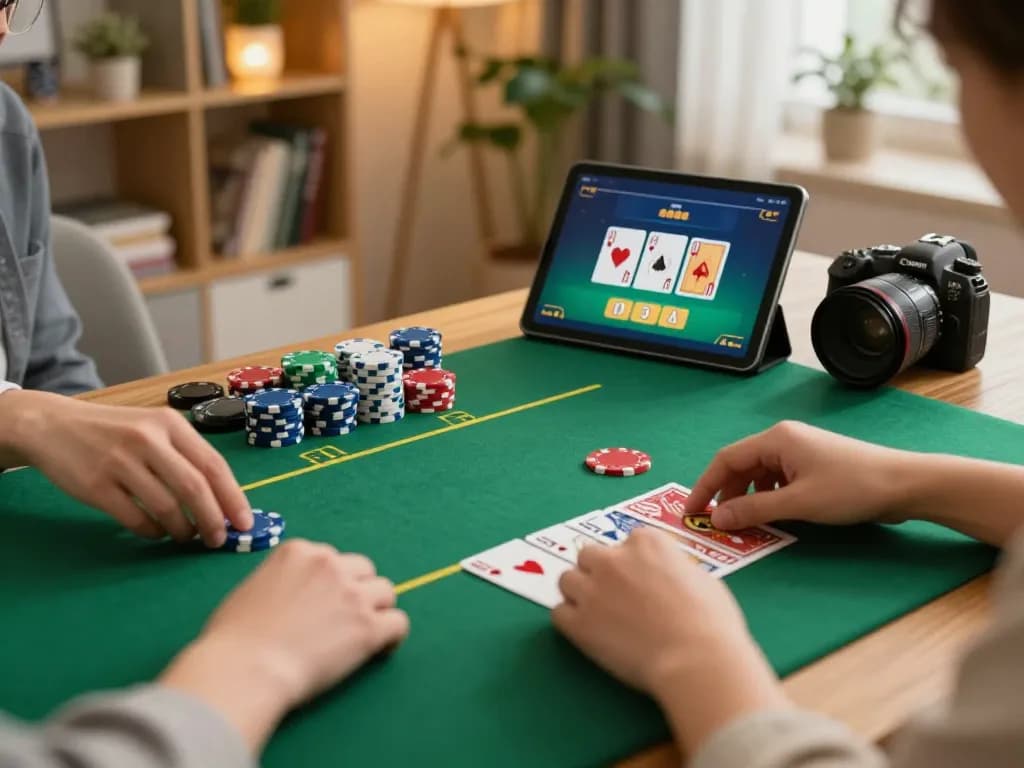 Experience thrilling online poker gameplay with hi 88 on a tablet, showcasing vibrant cards and betting excitement in a cozy living room.
