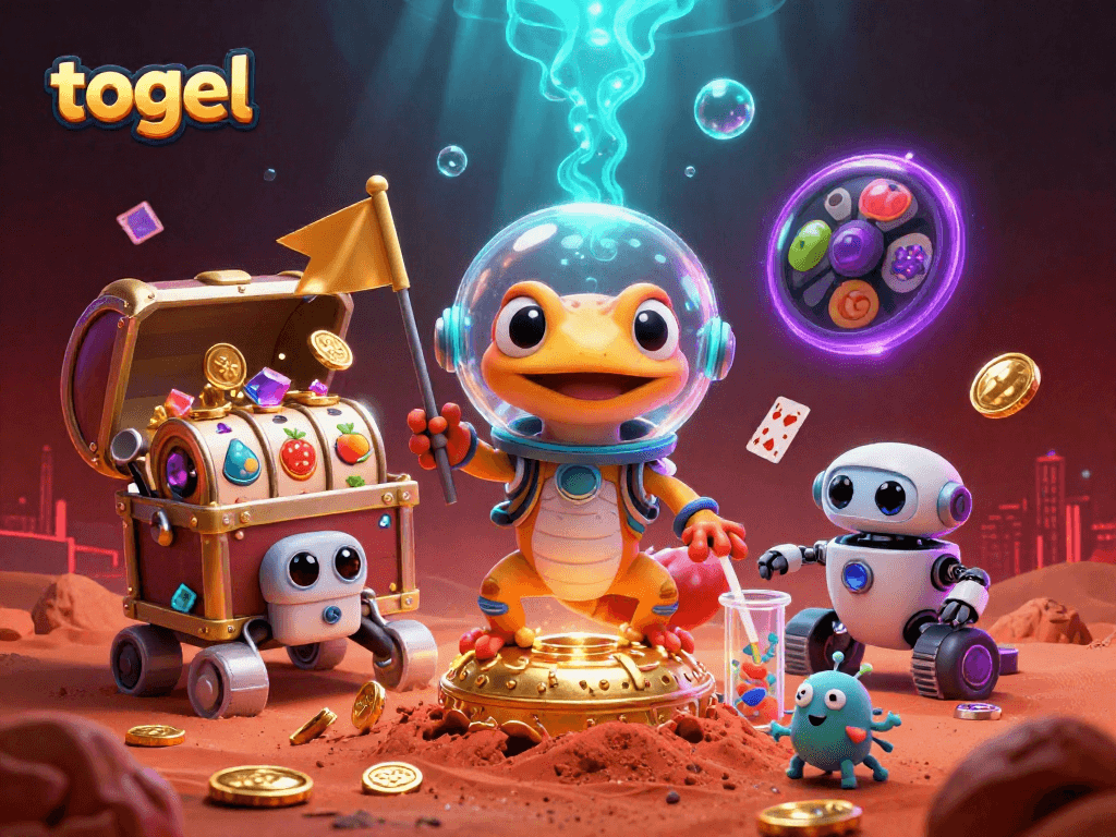 Explore the magical world of togel with vibrant characters discovering a golden casino amidst cosmic treasure.