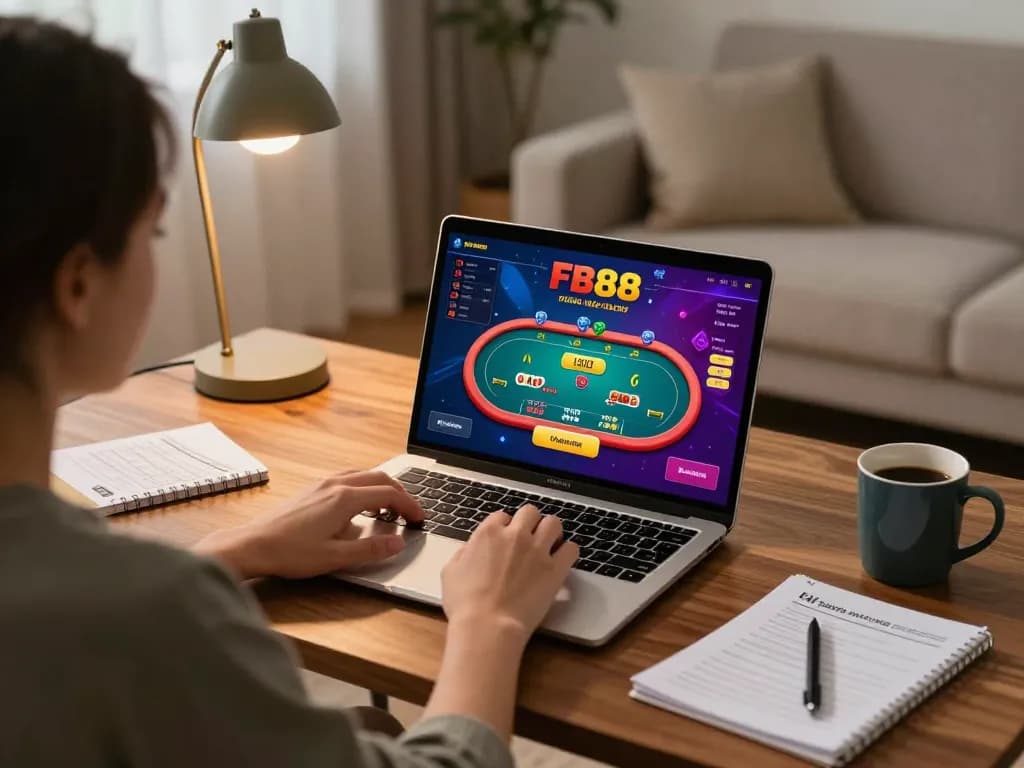 Engaging with the FB88 online casino interface while enjoying a cozy home atmosphere