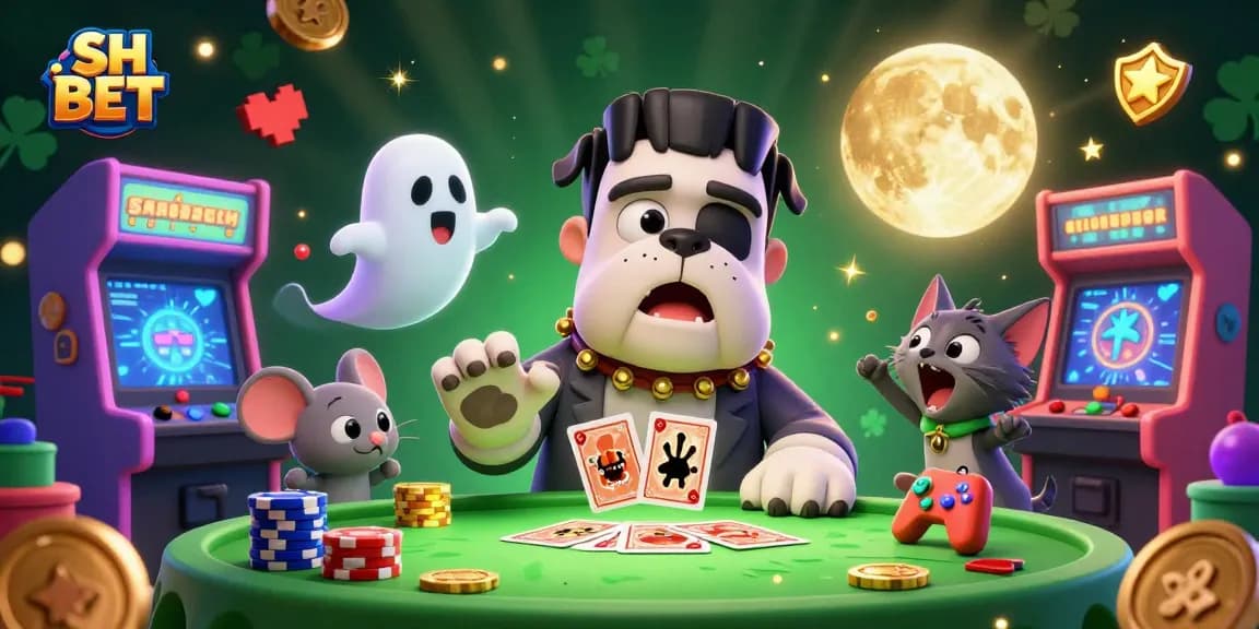 Experience thrilling gameplay with SH BET as a Frankenstein bulldog dealer at a vibrant casino.