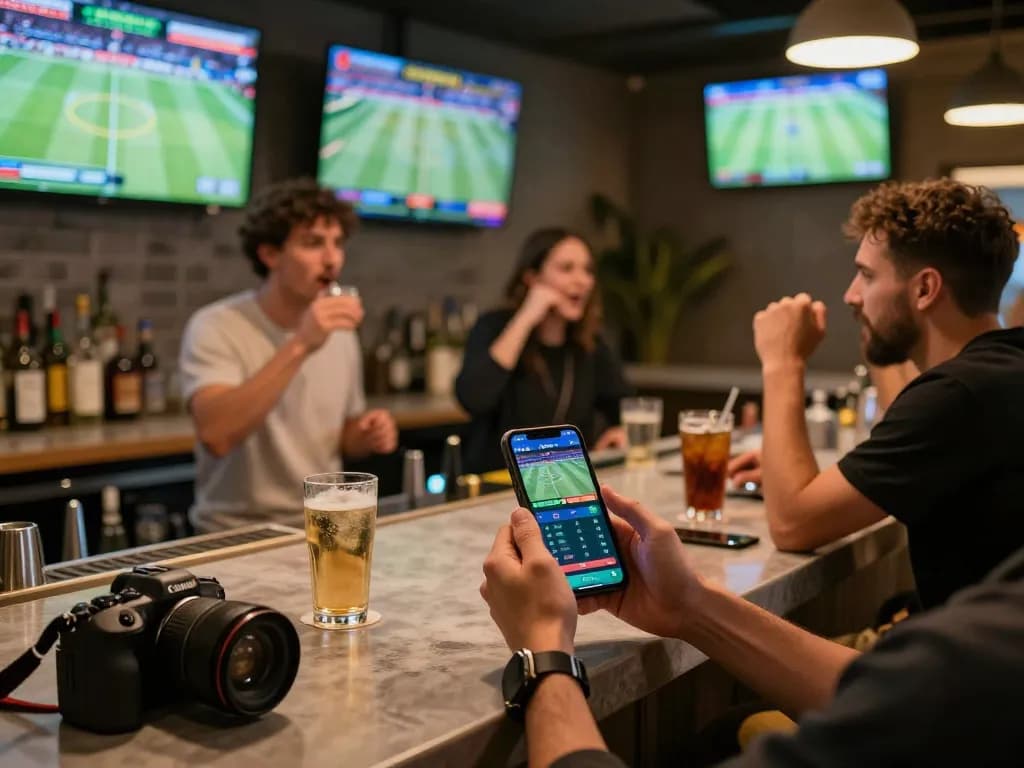 Sports betting excitement at F8BET with friends discussing live bets in a stylish lounge.