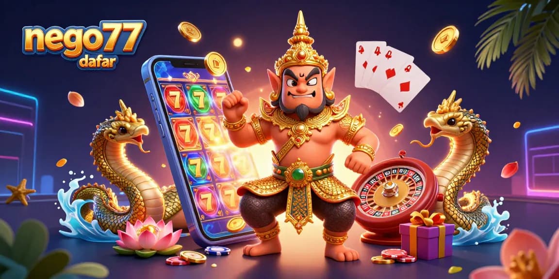 Join the excitement of nego77 daftar with vibrant illustrations of online gaming, slot machines, and lucky symbols.