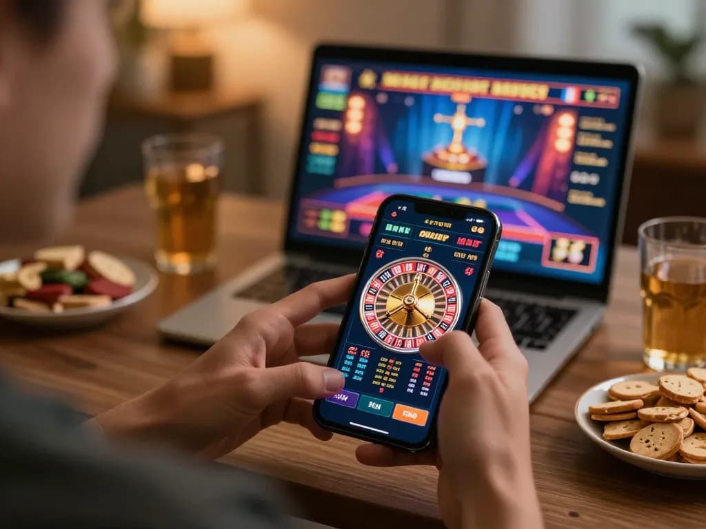 Player using the bl555 mobile app for live casino gaming, enjoying a relaxed atmosphere with snacks.