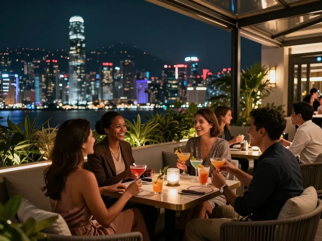 Guests enjoying cocktails at Sky88 Club's lively city terrace, engaging in friendly gambling conversation.