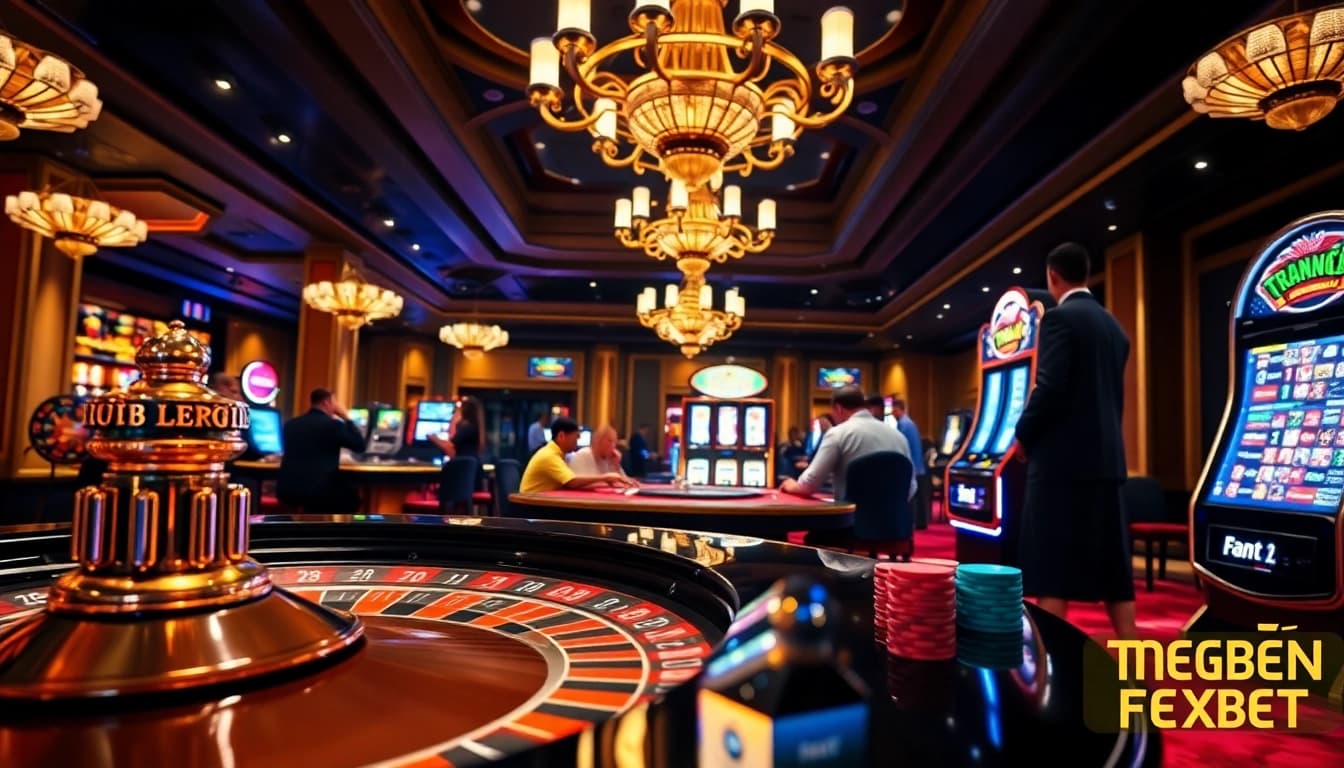 Experience the excitement of TRANG CHỦ FEBET with a vibrant casino scene featuring roulette and poker games.