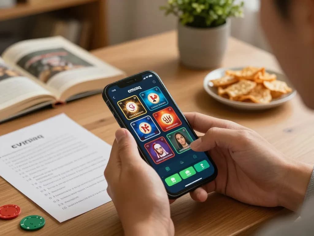 Pemain terlibat dengan aplikasi emaqq mobile di smartphone, menunjukkan gameplay dengan camilan dan catatan strategi.