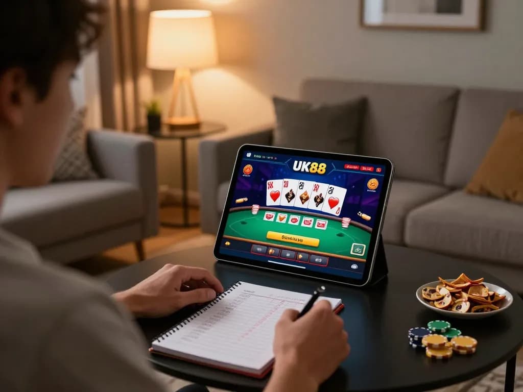 Player enjoying UK88 mobile casino game on tablet in cozy living room