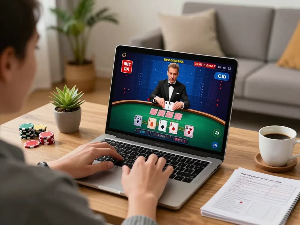Engaging in live blackjack online at home, strategy notes visible, TA88 atmosphere emphasizing responsible gaming.