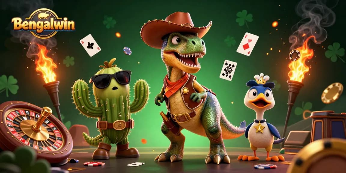 Bengalwin provides an exciting online casino experience with a lively illustration of characters representing various gaming elements.