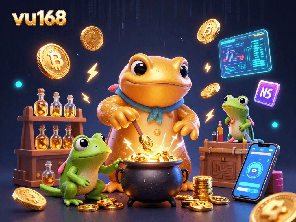 Engage with vu168's exciting alchemy-themed casino realm featuring golden coins and blockchain elements.