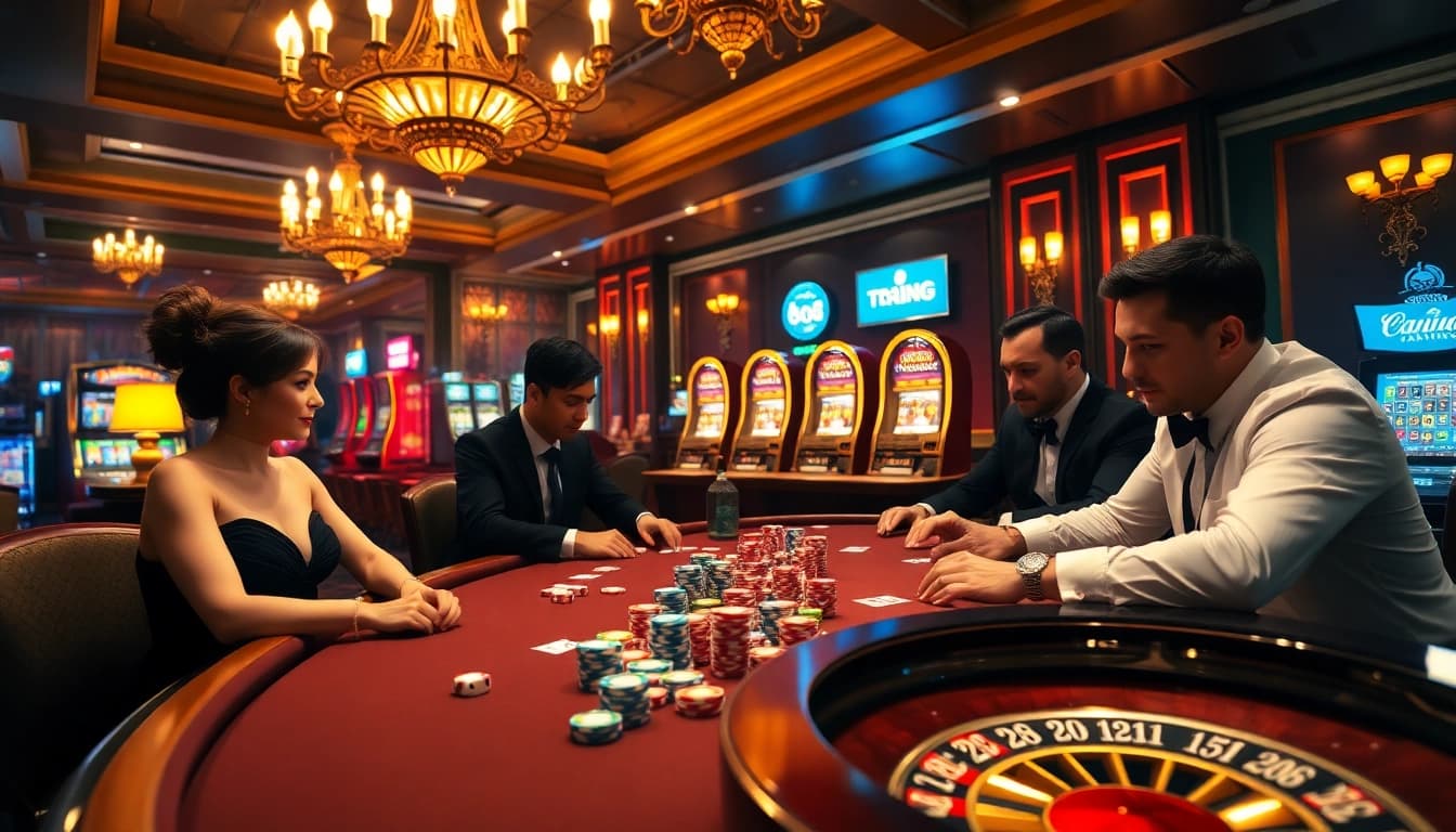Experience thrilling poker action at tr88 with vibrant chips and luxurious casino ambiance.