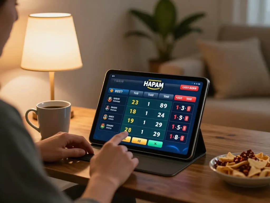 Engaged in sports betting using a tablet at home, showcasing 789F's platform for online wagering.