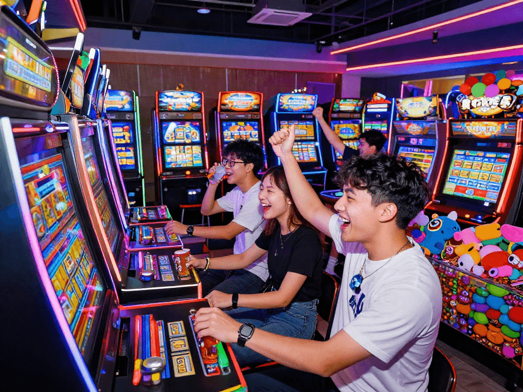 Excited players enjoying slot games in a lively arcade setting
