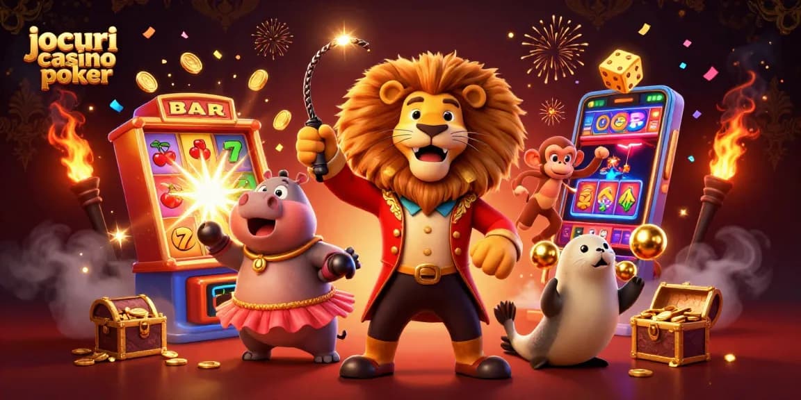 Joacă jocuri casino poker cu o ilustrație vibrantă ce include personaje 3D atractive și elemente de joc captivante.