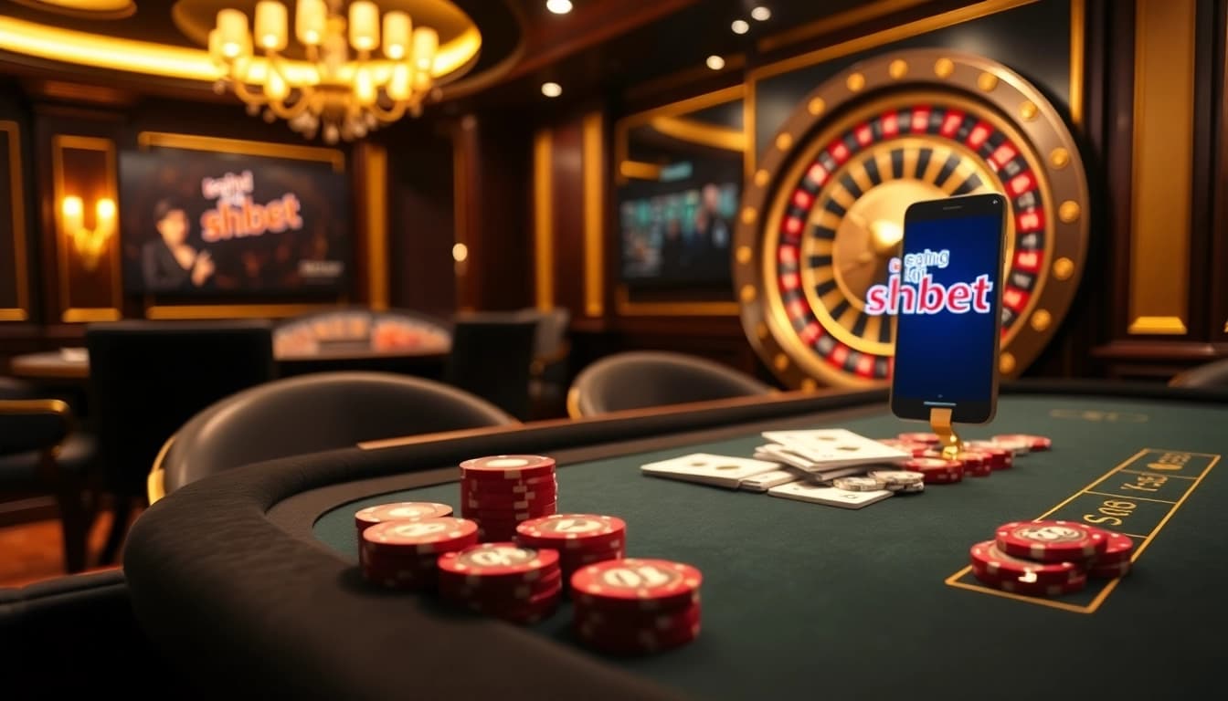 Experience the excitement of đăng ký shbet at a luxurious casino table filled with poker chips and cards.