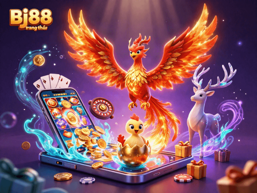 Bj88 trang chủ showcases a vibrant 3D scene with a phoenix and casino elements, enhancing your gaming experience.