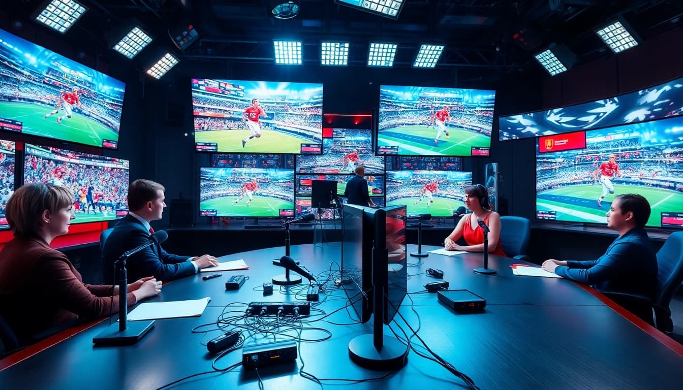 Engaging sports broadcasting setup showcasing broadcasters presenting dynamic live sports events.