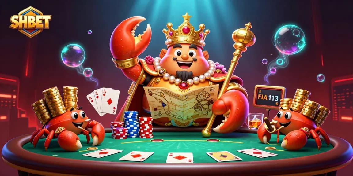 Engage with SH BET in an ultra-detailed casino scene featuring a golden crab emperor and poker elements.