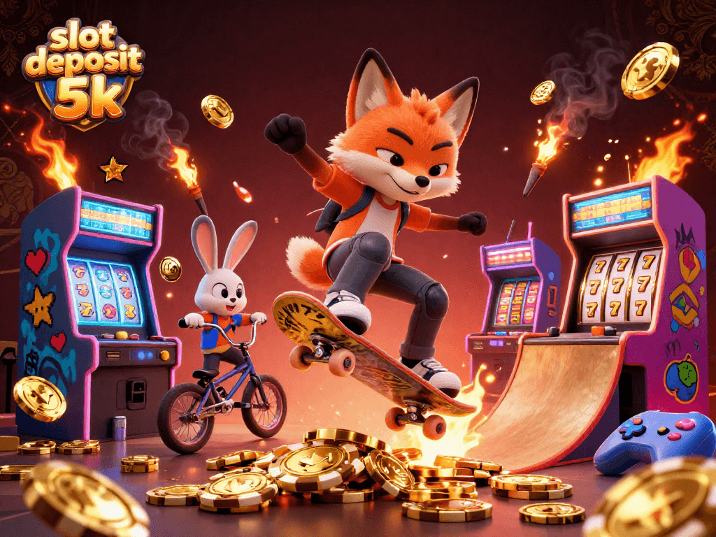 Engage with thrilling slot deposit 5k action featuring a fox doing a kickflip and neon retro elements.