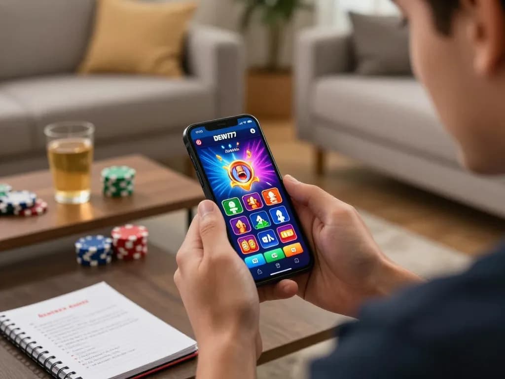 Pemain berinteraksi dengan aplikasi permainan mobile DEWI77, menampilkan permainan strategis dan kegembiraan dalam suasana yang nyaman.