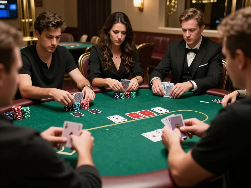 Engaged players strategizing at a poker table in a luxury casino atmosphere at lu88.com.
