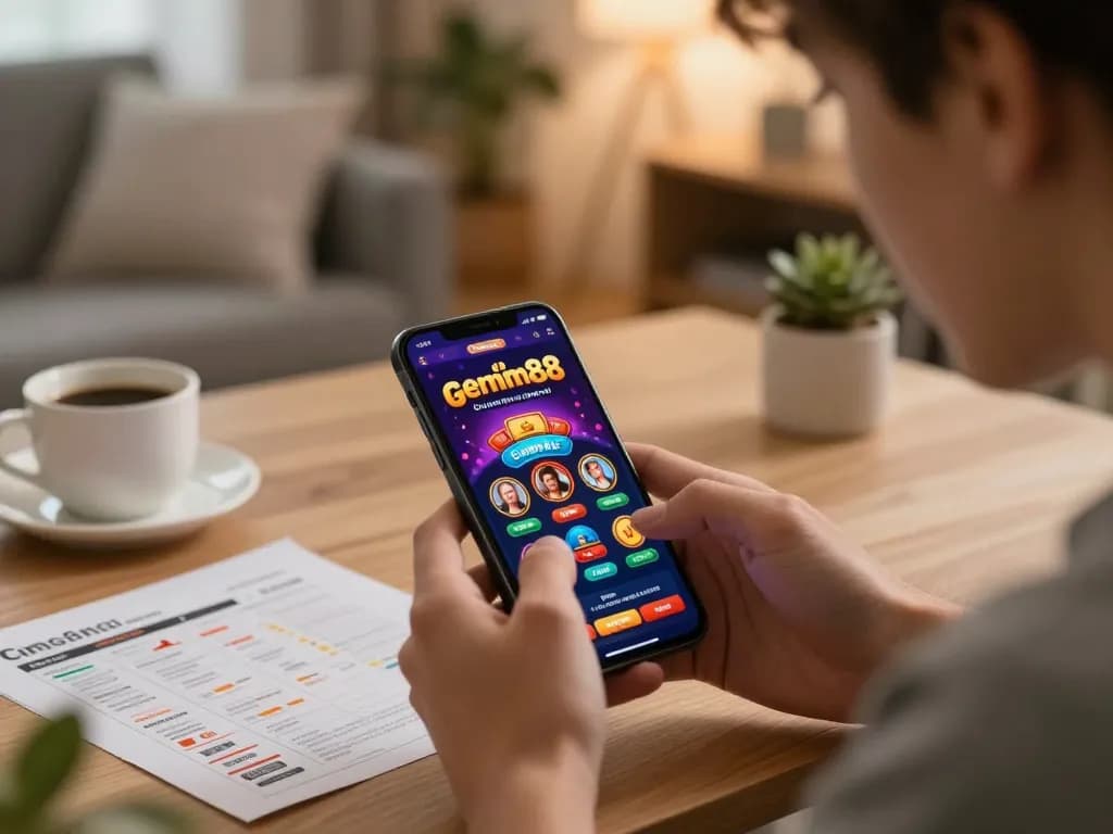 Engaging user exploring gem88 on mobile app in a cozy home gaming setup
